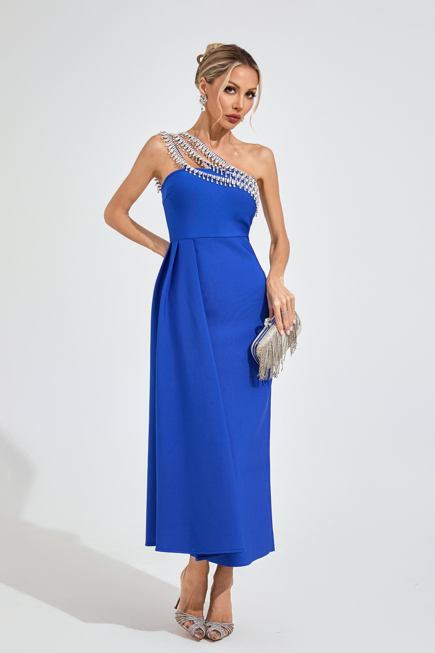 Evolia Strapless Diamond Maxi Dress In Blue
