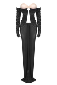 Gloria Long Sleeve Bustier Ruched Mesh Maxi Dress In Black