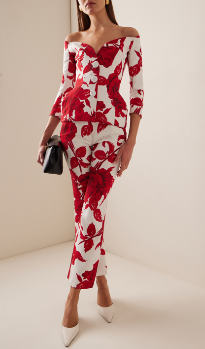 Branka Off-The-Shoulder Rose-Print Crepe Hourglass Jacket Suit