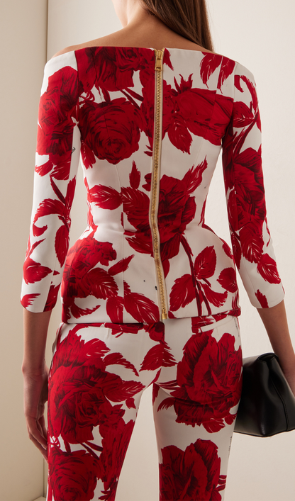 Branka Off-The-Shoulder Rose-Print Crepe Hourglass Jacket Suit