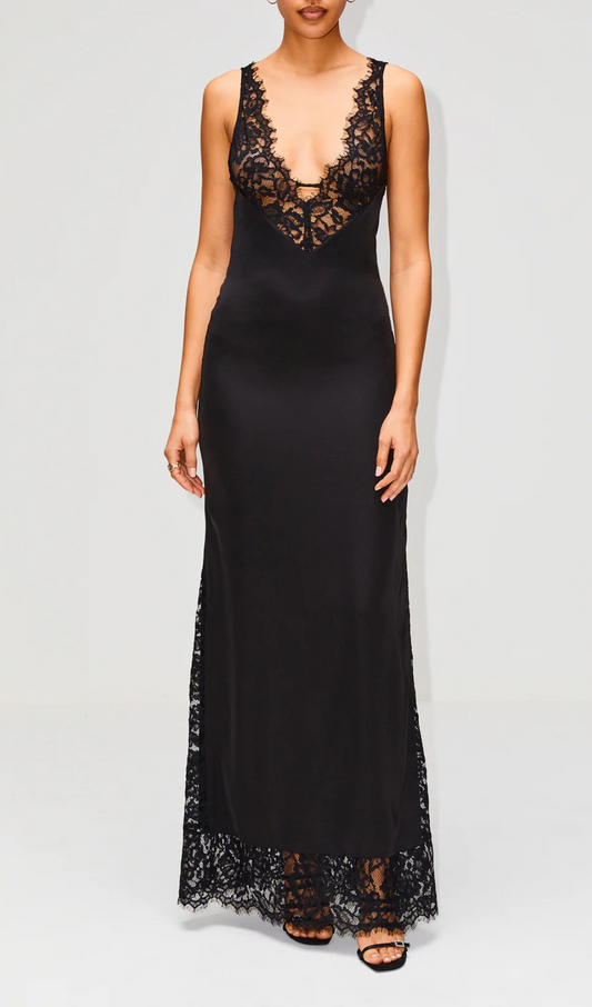 Maliya Lace-Trim V-Neck Slip Dress In Black