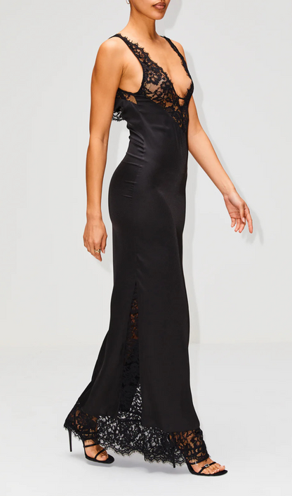 Maliya Lace-Trim V-Neck Slip Dress In Black