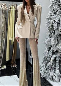 Netia V Neck Long Sleeve Rhinestone Suit In Black