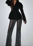 Netia V Neck Long Sleeve Rhinestone Suit In Black