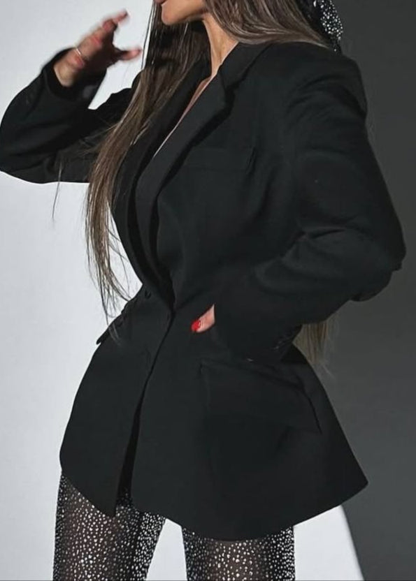 Netia V Neck Long Sleeve Rhinestone Suit In Black