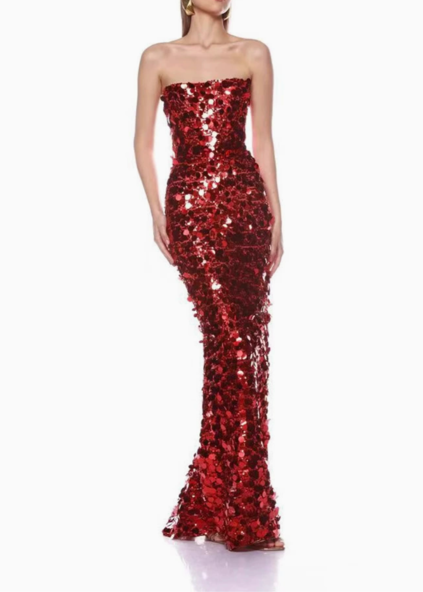Didina Strapless Sequin Maxi Dress In Red