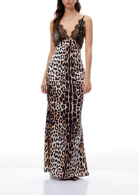 Beloria Brown Lace Panel Leopard Satin Maxi Dress