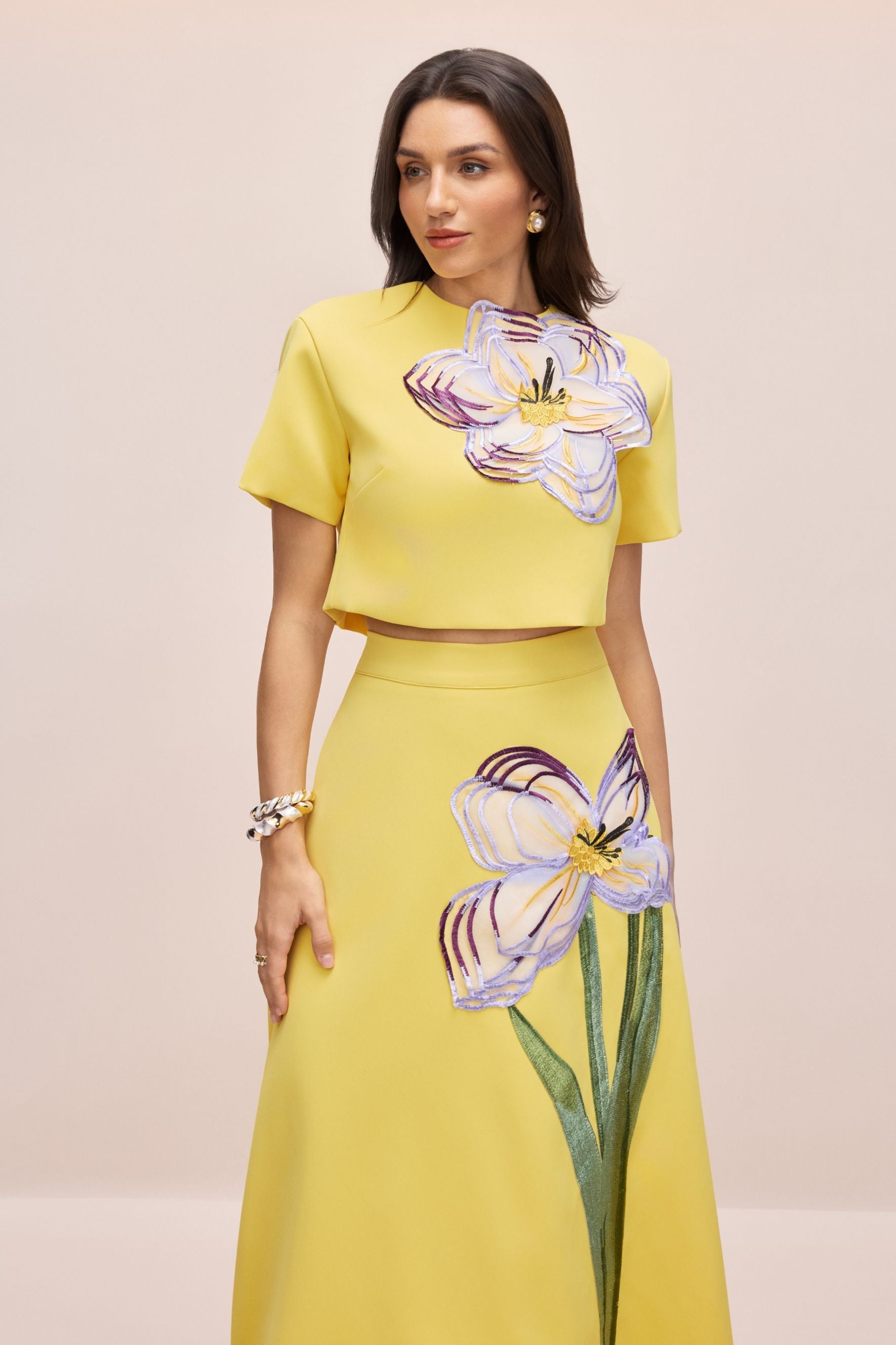 Elizaveta Floral Applique Short Sleeve Top & Skirt Set