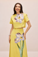 Elizaveta Floral Applique Short Sleeve Top & Skirt Set