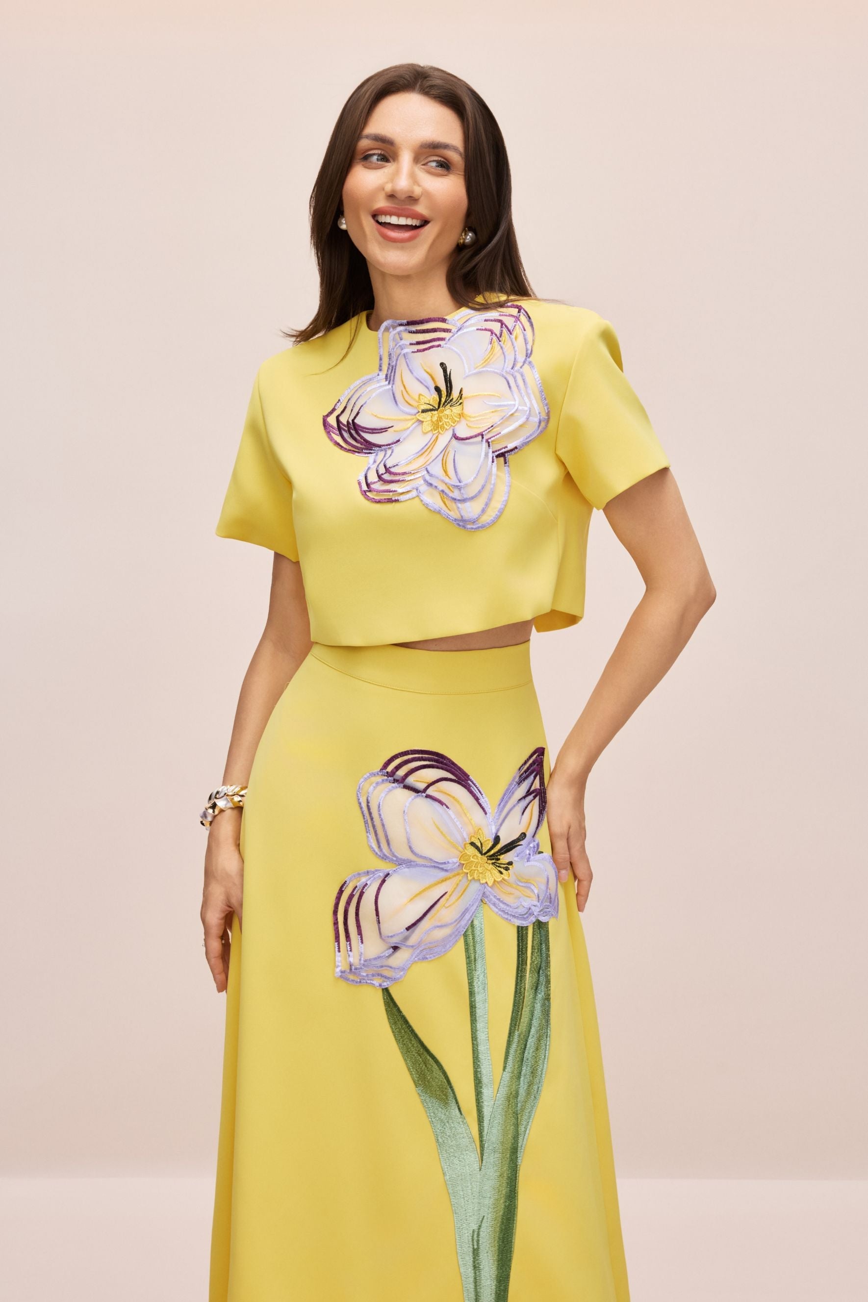Elizaveta Floral Applique Short Sleeve Top & Skirt Set