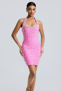 Kormian Bandage Rhinestone Rivets Halter Neck Mini Dress