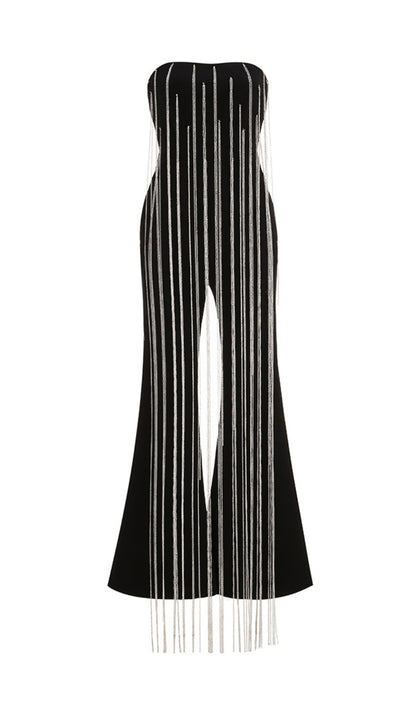 Jodell Crystal Chain Detail Strapless Jumpsuit In Black