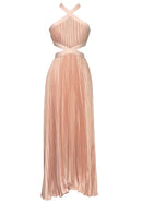 Azhrik Halter Pleated Maxi Dress In Peach Pink