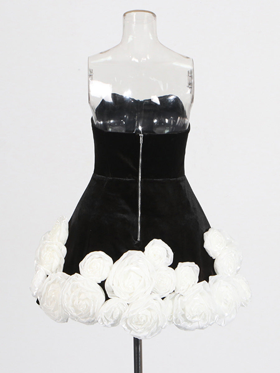 Haidar Flower-Embellished-Hem Strapless Mini Dress In Black