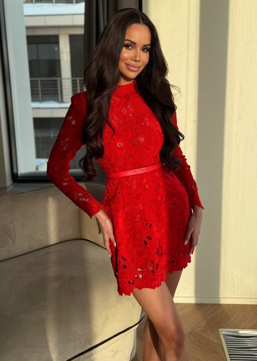 Geyera Long Sleeve Crochet Mini Dress In Red