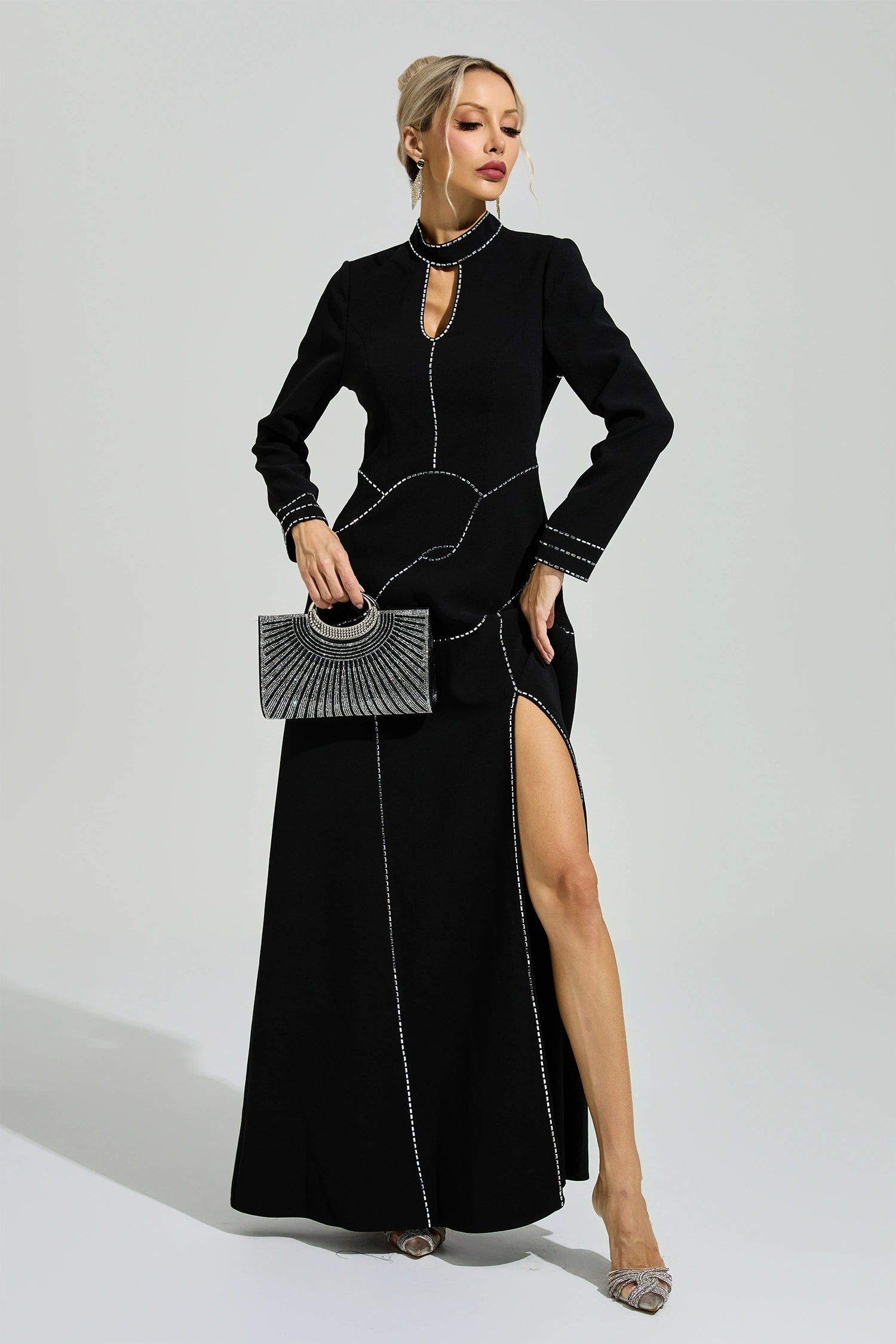 Fusayo Black Long Sleeve Halter Maxi Dress