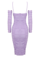 Regina Long Sleeve Ruched Floral Midi Dress In Lavender