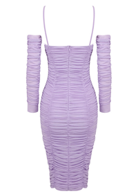 Regina Long Sleeve Ruched Floral Midi Dress In Lavender