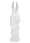 Rohak Halter Ruched Ruffle Maxi Dress In White