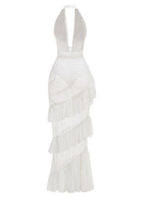 Rohak Halter Ruched Ruffle Maxi Dress In White