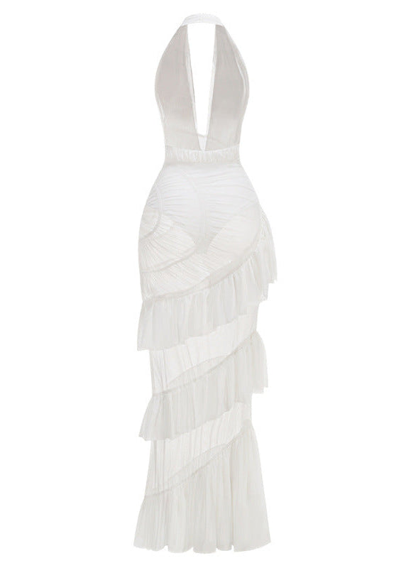 Rohak Halter Ruched Ruffle Maxi Dress In White