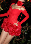 Blythessa Long Sleeve Lace Floral Ruffle Mini Dress In Red