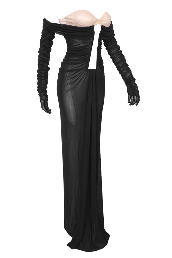 Gloria Long Sleeve Bustier Ruched Mesh Maxi Dress In Black