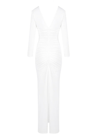 Syvrix V Neck 3D Floral Draped Maxi Dress In White
