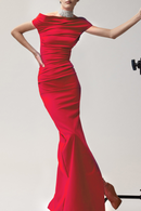 Cupid Slash Neck Pleated Maxi Dress In Red