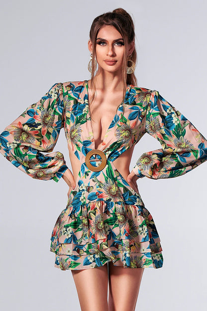 Basil Long Sleeve Cutout Mini Dress In Multicolor