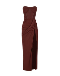 Tafari Strapless Ruched Maxi Dress In Brown