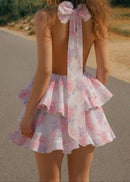 Panola Backless Flower Printed Bow Mini Dress In Pink