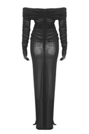 Gloria Long Sleeve Bustier Ruched Mesh Maxi Dress In Black