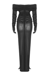 Gloria Long Sleeve Bustier Ruched Mesh Maxi Dress In Black