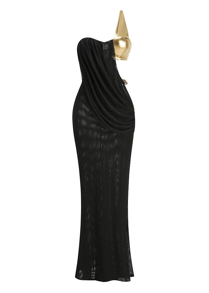 Qavrix One Shoulder Draped Maxi Dress