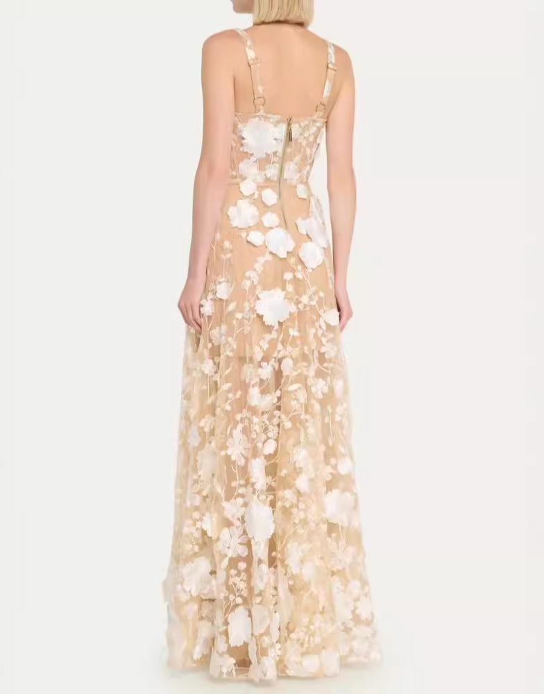 Llewyn Floral Embroidered Sleeveless Tulle Maxi Dress