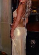 Dagfinn Halter Floral Backless Maxi Dress In Gold