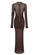 Ramesh Long Sleeve Mesh Insert Draped Maxi Dress In Brown