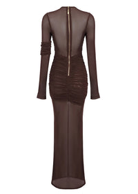 Ramesh Long Sleeve Mesh Insert Draped Maxi Dress In Brown