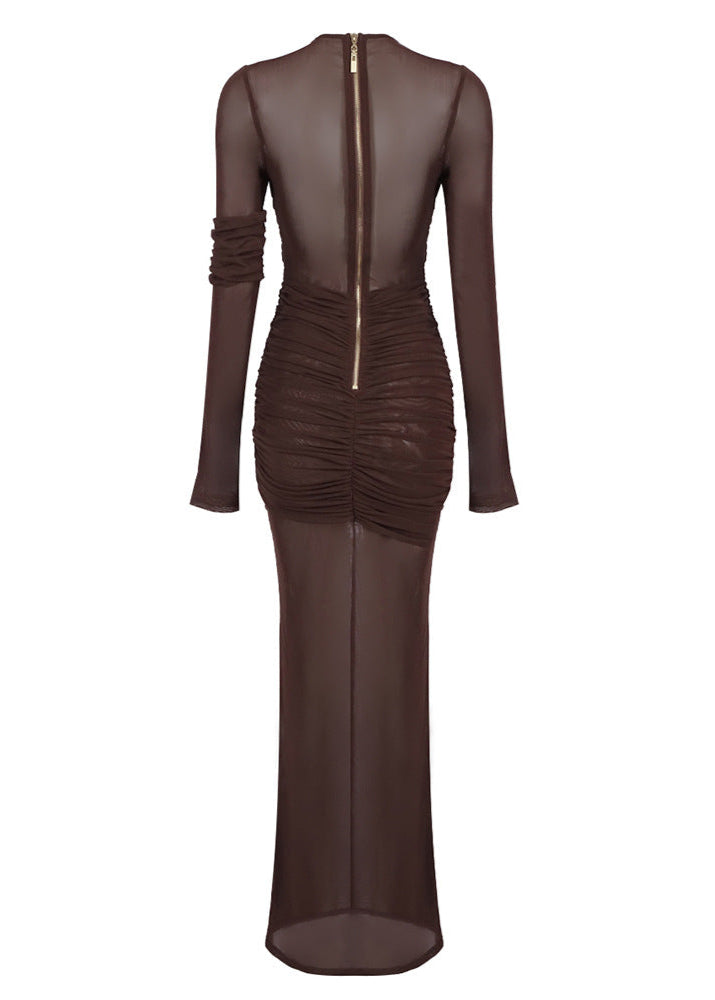 Ramesh Long Sleeve Mesh Insert Draped Maxi Dress In Brown