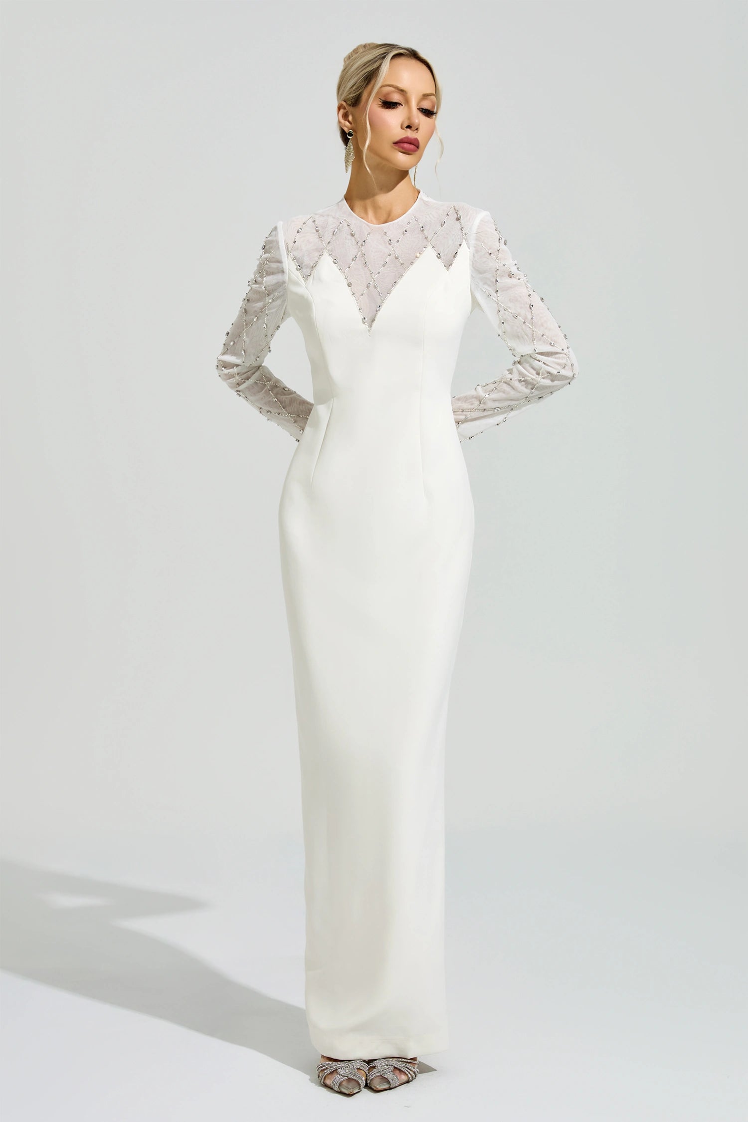 Evarique Apricot Rhinestone Maxi Dress