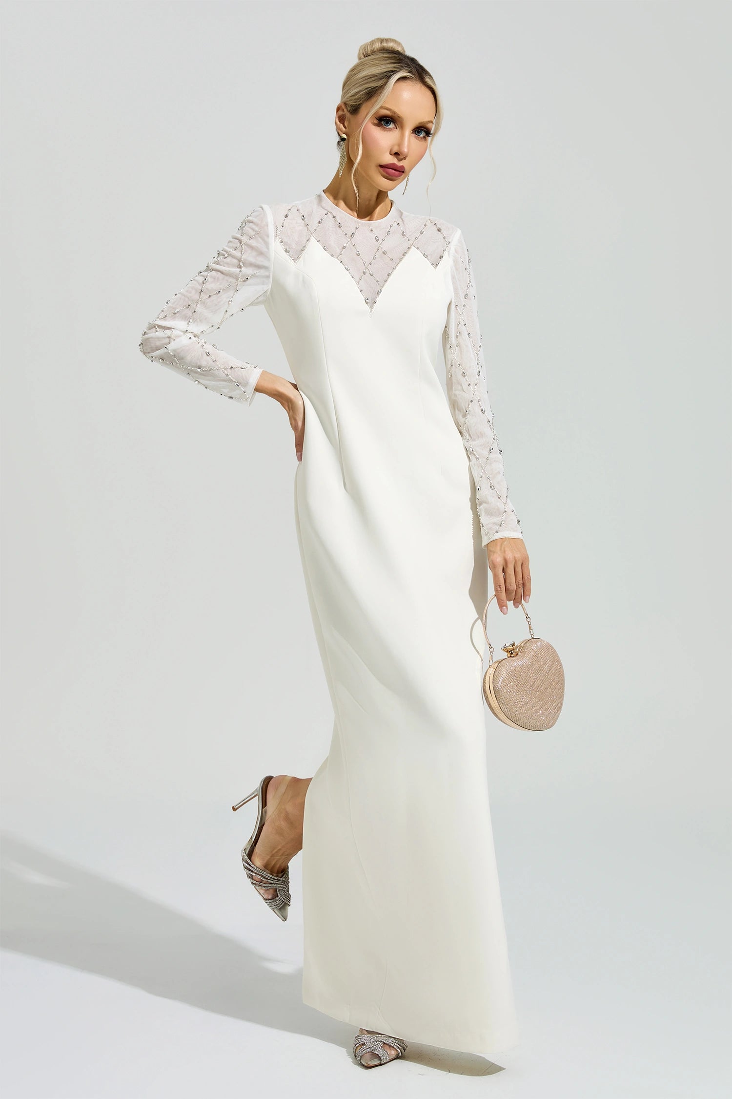 Evarique Apricot Rhinestone Maxi Dress