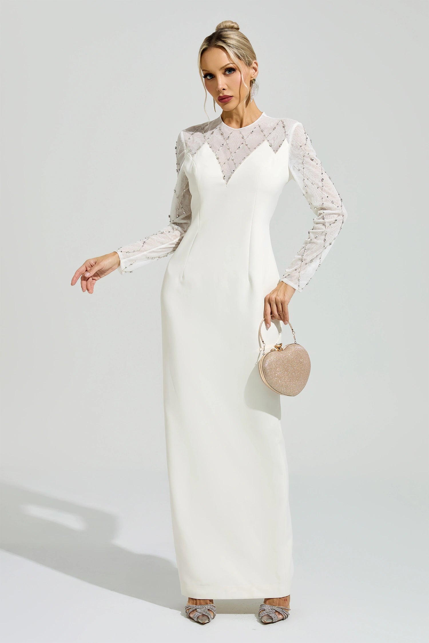 Evarique Apricot Rhinestone Maxi Dress