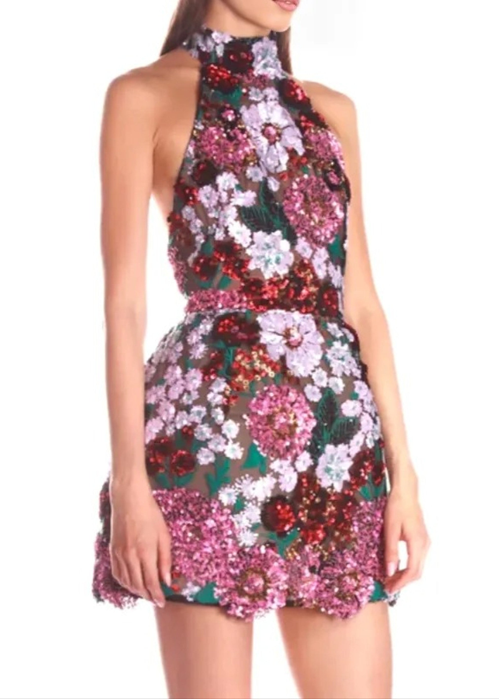 Reia Halter Sequin Floral Mini Dress