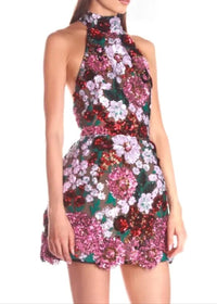Reia Halter Sequin Floral Mini Dress