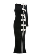 Fareeha One Sleeve Bow Detail Maxi Velvet Dress In Black White