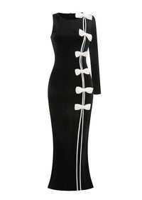 Fareeha One Sleeve Bow Detail Maxi Velvet Dress In Black White
