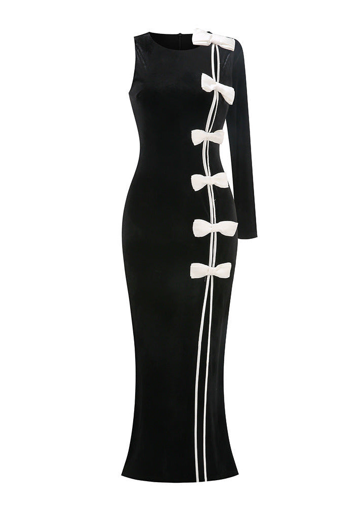Fareeha One Sleeve Bow Detail Maxi Velvet Dress In Black White