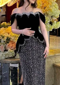 Kexmir Bardot Crystal Pearl Peplum Maxi Dress In Black