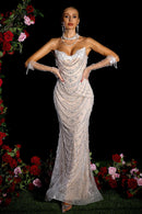 Dalida Strapless Pearl Crystal Lace Maxi Dress In White